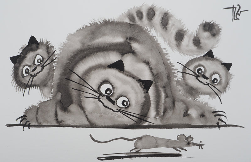 Laszlo TIBAY : Leçon de patience du chat avec ses chatons, Dessin original à l&
