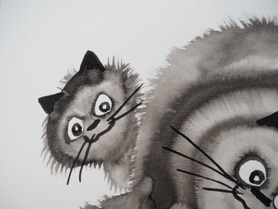 Laszlo TIBAY : Leçon de patience du chat avec ses chatons, Dessin original à l'encre signé
