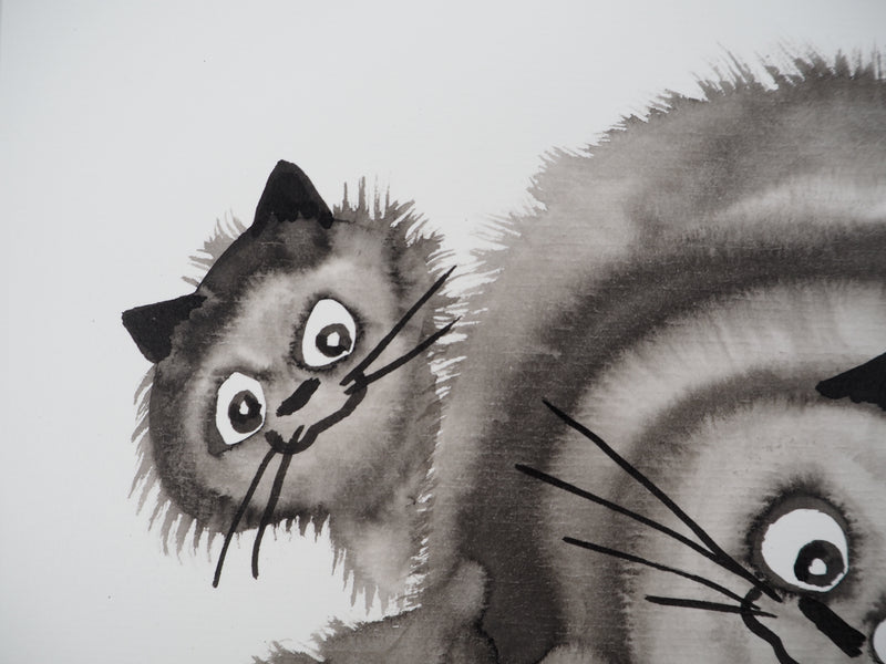 Laszlo TIBAY : Leçon de patience du chat avec ses chatons, Dessin original à l&