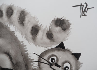 Laszlo TIBAY : Leçon de patience du chat avec ses chatons, Dessin original à l'encre signé