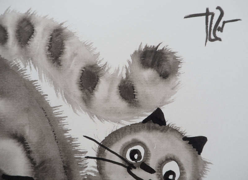 Laszlo TIBAY : Leçon de patience du chat avec ses chatons, Dessin original à l&