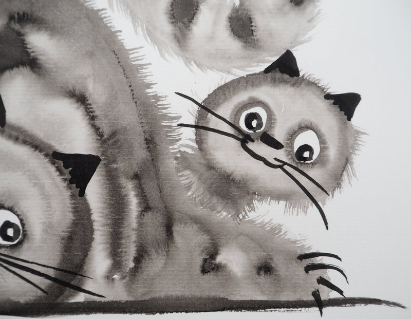 Laszlo TIBAY : Leçon de patience du chat avec ses chatons, Dessin original à l&