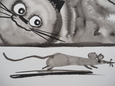 Laszlo TIBAY : Leçon de patience du chat avec ses chatons, Dessin original à l'encre signé