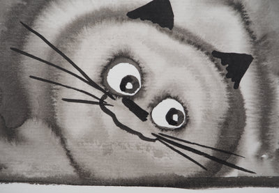 Laszlo TIBAY : Leçon de patience du chat avec ses chatons, Dessin original à l'encre signé
