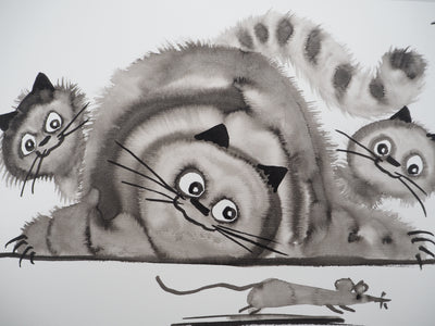 Laszlo TIBAY : Leçon de patience du chat avec ses chatons, Dessin original à l'encre signé