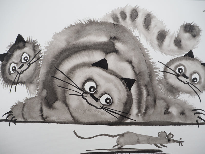 Laszlo TIBAY : Leçon de patience du chat avec ses chatons, Dessin original à l&