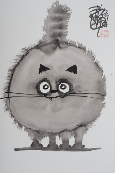 Laszlo TIBAY : Chat rond, Dessin original à l'encre signé