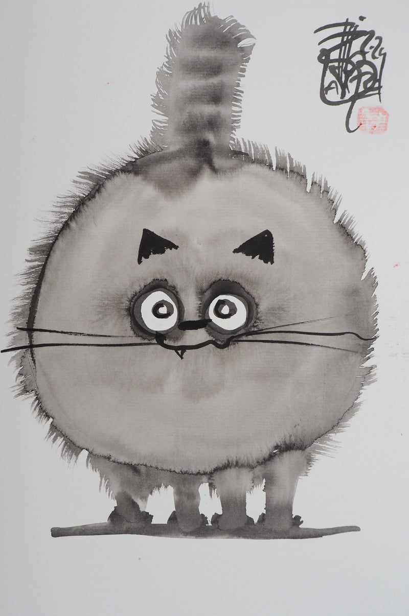 Laszlo TIBAY : Chat rond, Dessin original à l&