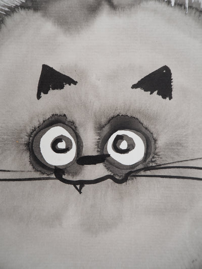 Laszlo TIBAY : Chat rond, Dessin original à l'encre signé