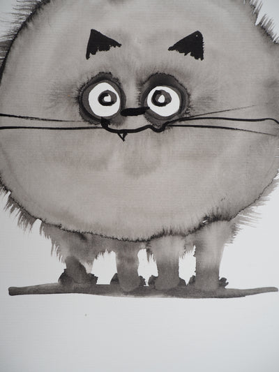 Laszlo TIBAY : Chat rond, Dessin original à l'encre signé