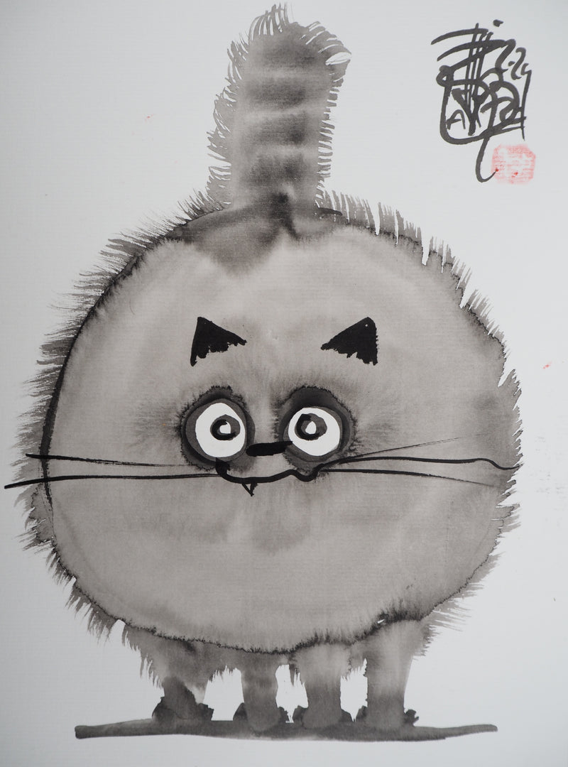 Laszlo TIBAY : Chat rond, Dessin original à l&
