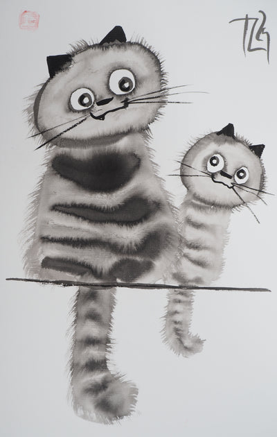 Laszlo TIBAY : Chat et chaton perchés, Dessin original à l'encre signé