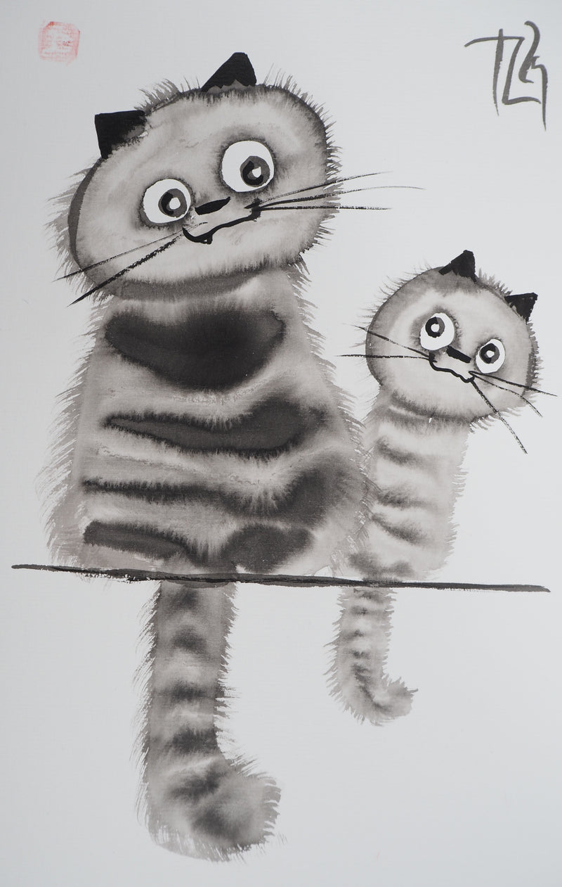 Laszlo TIBAY : Chat et chaton perchés, Dessin original à l&