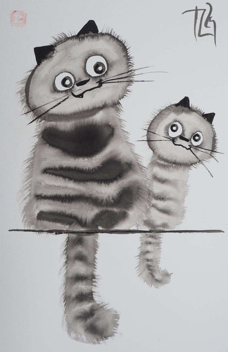 Laszlo TIBAY : Chat et chaton perchés, Dessin original à l&
