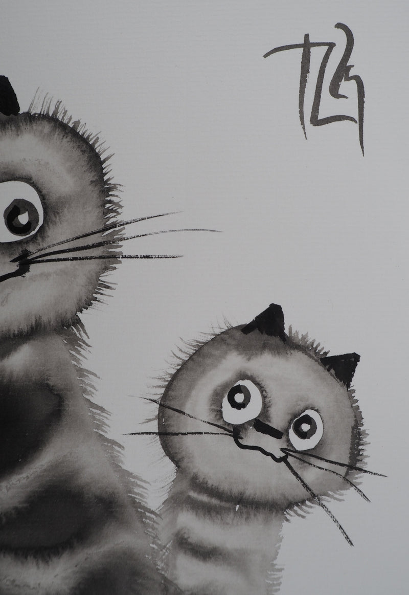 Laszlo TIBAY : Chat et chaton perchés, Dessin original à l&