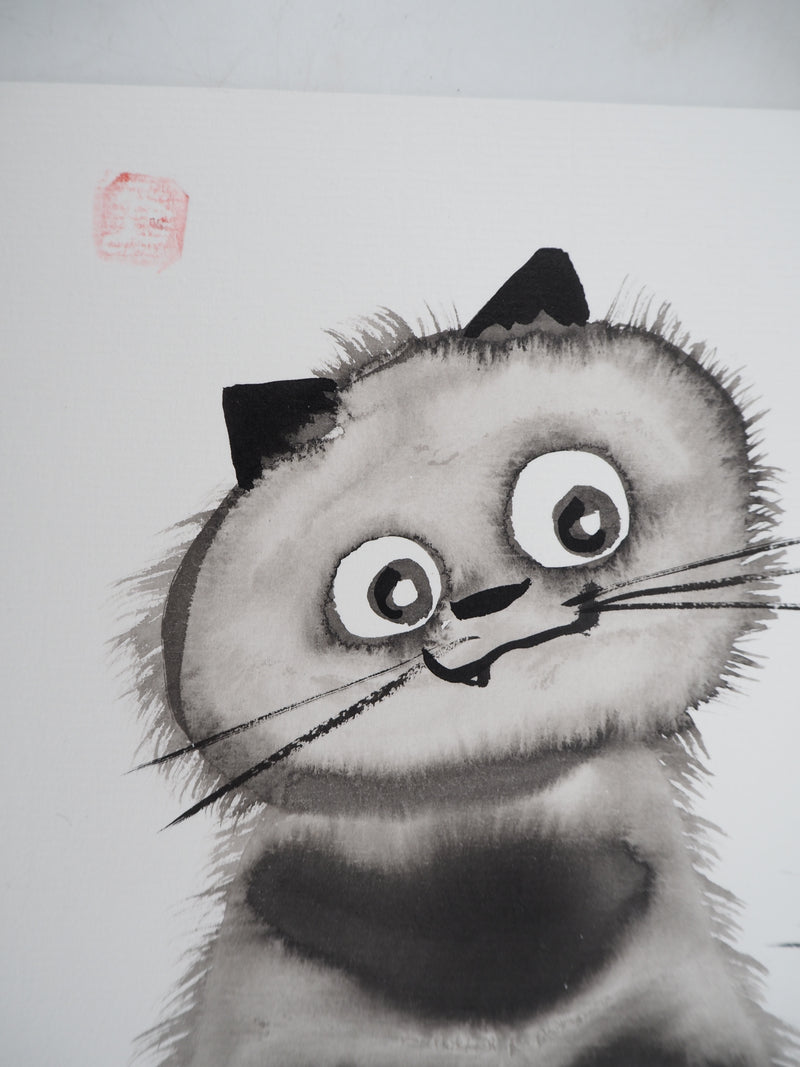 Laszlo TIBAY : Chat et chaton perchés, Dessin original à l&