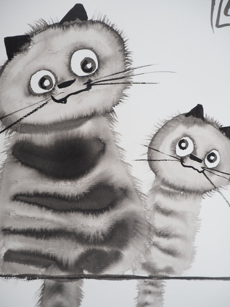 Laszlo TIBAY : Chat et chaton perchés, Dessin original à l&