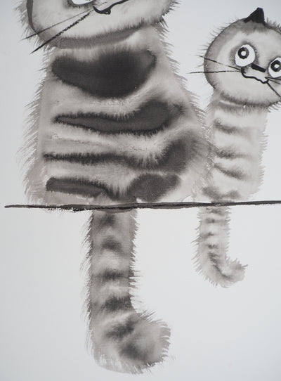 Laszlo TIBAY : Chat et chaton perchés, Dessin original à l'encre signé