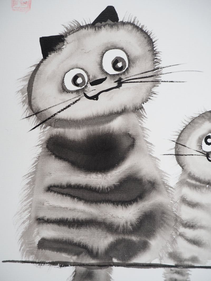 Laszlo TIBAY : Chat et chaton perchés, Dessin original à l&