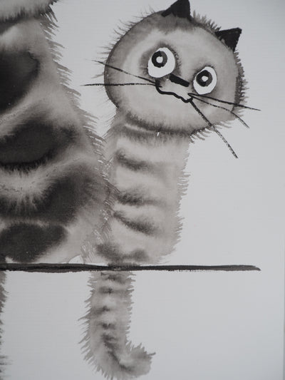 Laszlo TIBAY : Chat et chaton perchés, Dessin original à l'encre signé