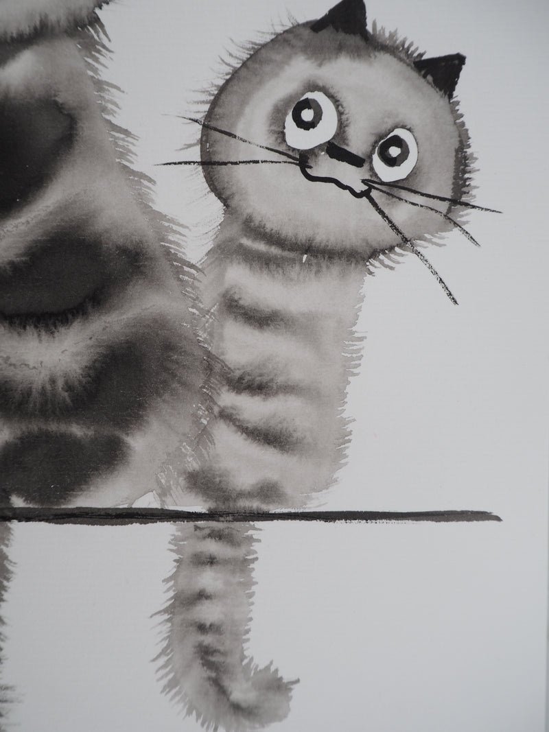 Laszlo TIBAY : Chat et chaton perchés, Dessin original à l&