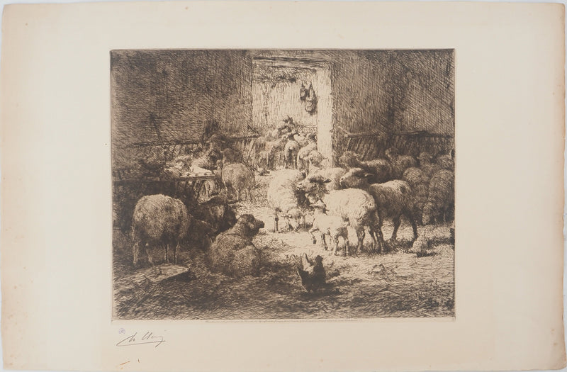 Charles CLAIR : La bergerie, Gravure originale signée