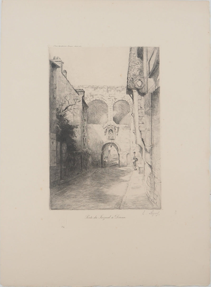 Emile LEGROS : Bretagne : Porte de Jerzual à Dinan, Gravure originale signée