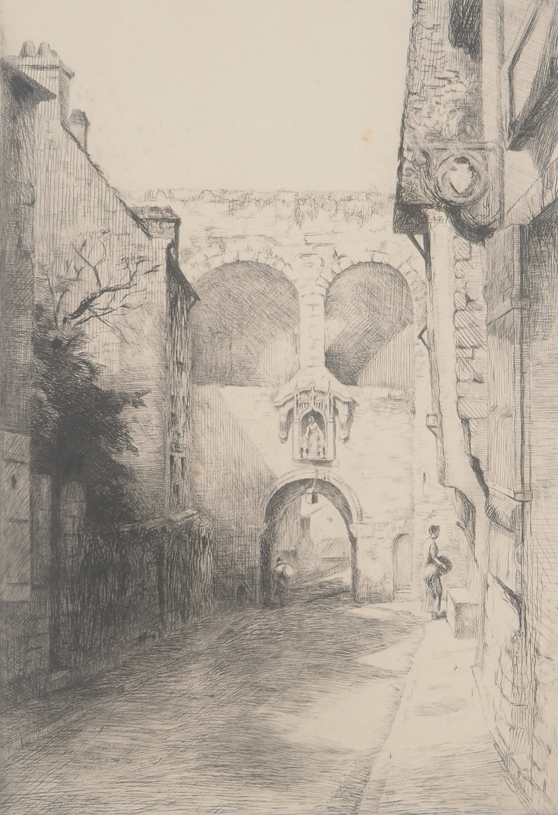 Emile LEGROS : Bretagne : Porte de Jerzual à Dinan, Gravure originale signée