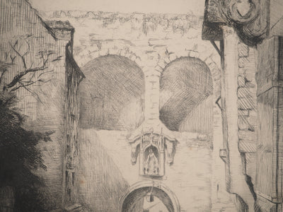 Emile LEGROS : Bretagne : Porte de Jerzual à Dinan, Gravure originale signée