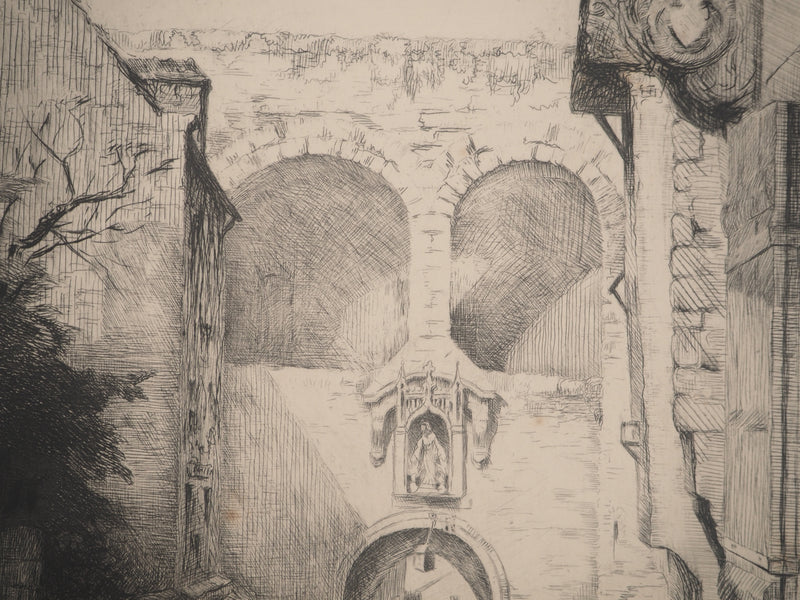 Emile LEGROS : Bretagne : Porte de Jerzual à Dinan, Gravure originale signée