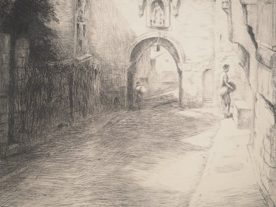 Emile LEGROS : Bretagne : Porte de Jerzual à Dinan, Gravure originale signée