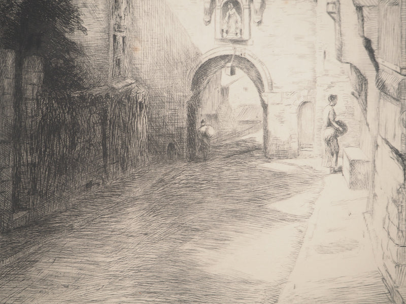 Emile LEGROS : Bretagne : Porte de Jerzual à Dinan, Gravure originale signée