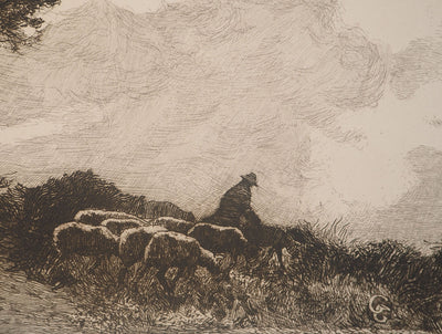 Germaine Marie GARCIN : Le troupeau de brebis, Gravure originale signée