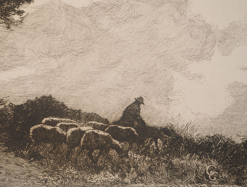 Germaine Marie GARCIN : Le troupeau de brebis, Gravure originale signée