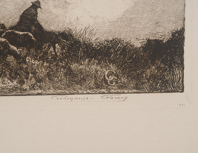 Germaine Marie GARCIN : Le troupeau de brebis, Gravure originale signée