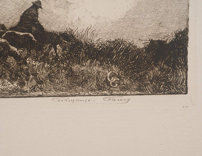 Germaine Marie GARCIN : Le troupeau de brebis, Gravure originale signée