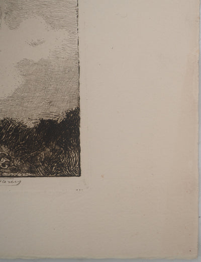 Germaine Marie GARCIN : Le troupeau de brebis, Gravure originale signée