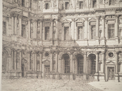 Eugène SADOUX : Le vieux Louvre, Gravure originale signée