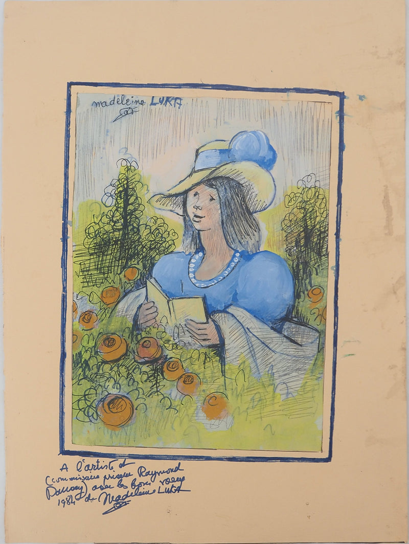 Madeleine LUKA : Jeune fille en bleu, Dessin original signé