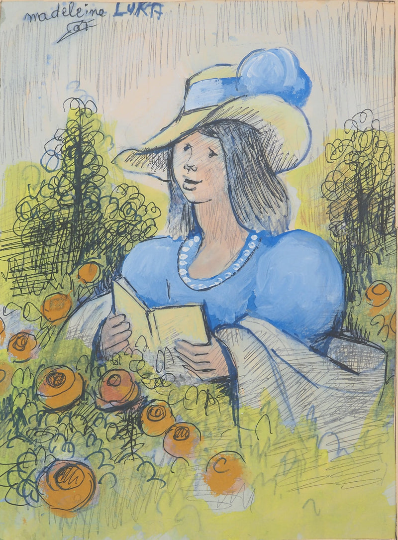 Madeleine LUKA : Jeune fille en bleu, Dessin original signé
