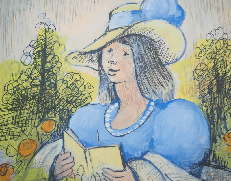 Madeleine LUKA : Jeune fille en bleu, Dessin original signé
