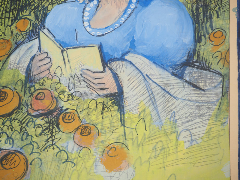 Madeleine LUKA : Jeune fille en bleu, Dessin original signé
