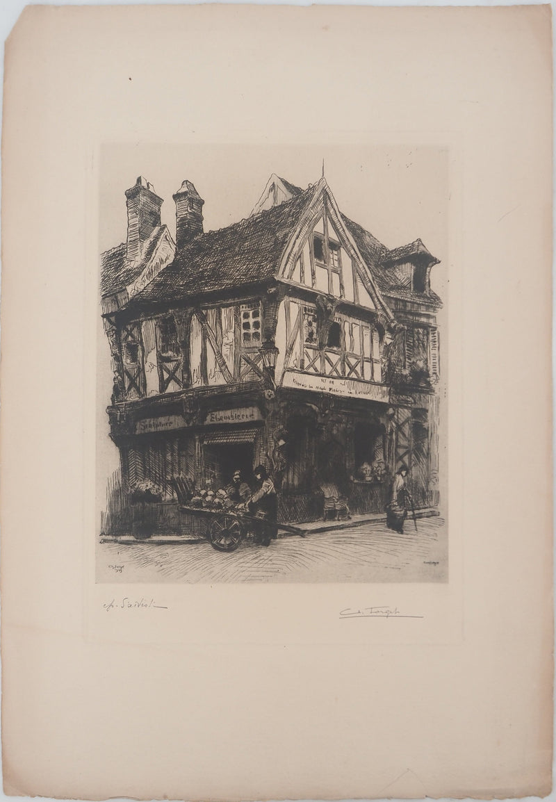 Charles Jean FORGET: Boulangerie de village à Compiègne, Gravure originale signée