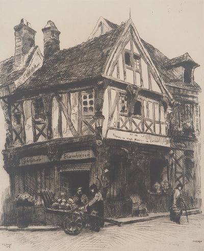 Charles Jean FORGET: Boulangerie de village à Compiègne, Gravure originale signée