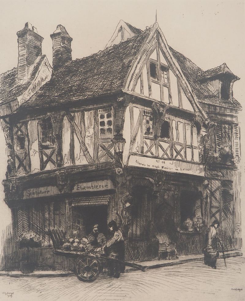 Charles Jean FORGET: Boulangerie de village à Compiègne, Gravure originale signée