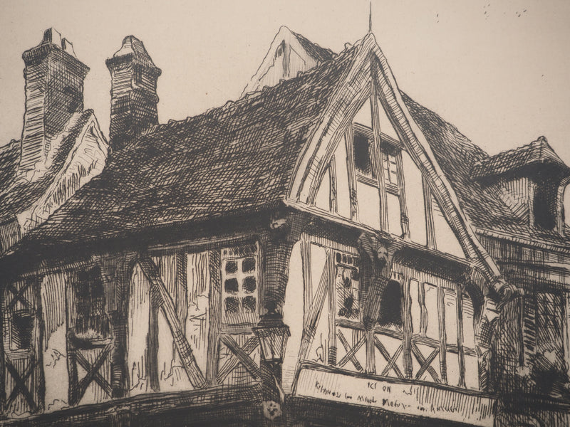 Charles Jean FORGET: Boulangerie de village à Compiègne, Gravure originale signée