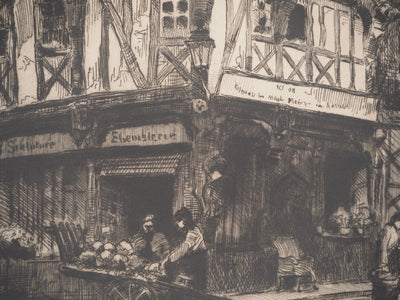 Charles Jean FORGET: Boulangerie de village à Compiègne, Gravure originale signée