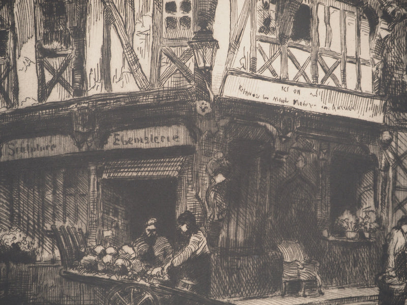 Charles Jean FORGET: Boulangerie de village à Compiègne, Gravure originale signée