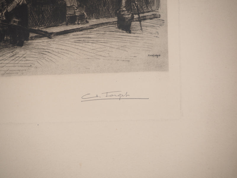 Charles Jean FORGET: Boulangerie de village à Compiègne, Gravure originale signée