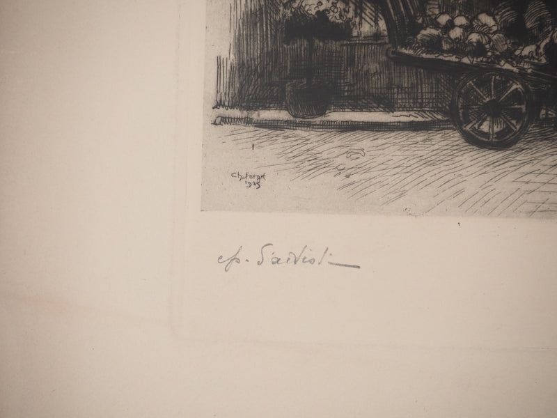 Charles Jean FORGET: Boulangerie de village à Compiègne, Gravure originale signée